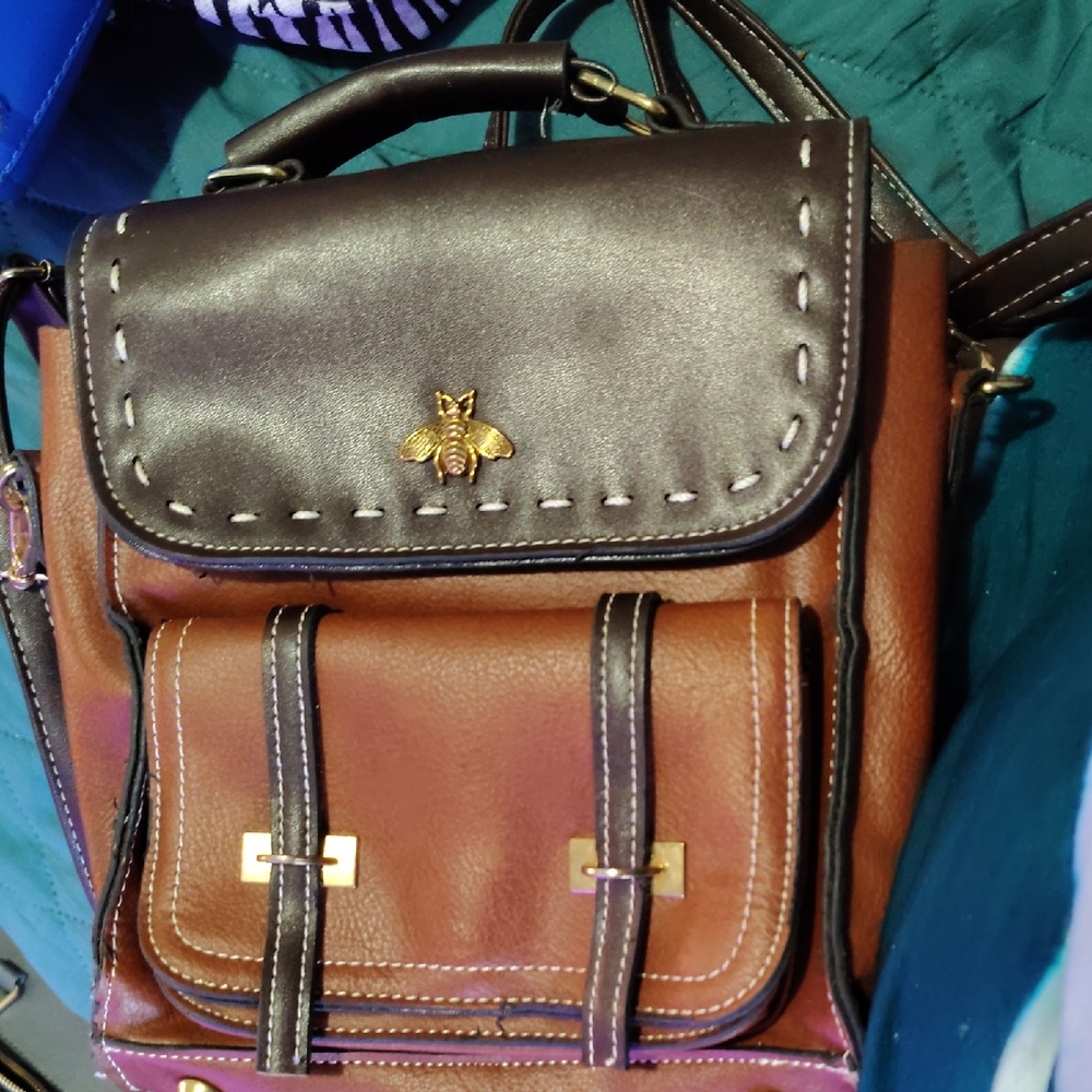 Brown and Black Backpack with Bee Accent